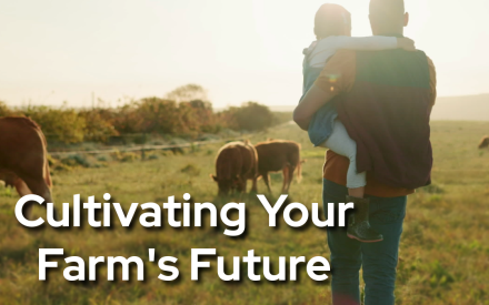 UW–Madison Extension graphic for "Cultivating Your Farm's Future: A virtual workshop series on farm succession" showing a person carrying a child through a pasture with cattle. Includes Extension logo.